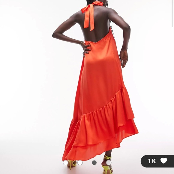 Topshop halterneck maxi dress with asymmetric ruffle hem in red - Picture 4 of 4